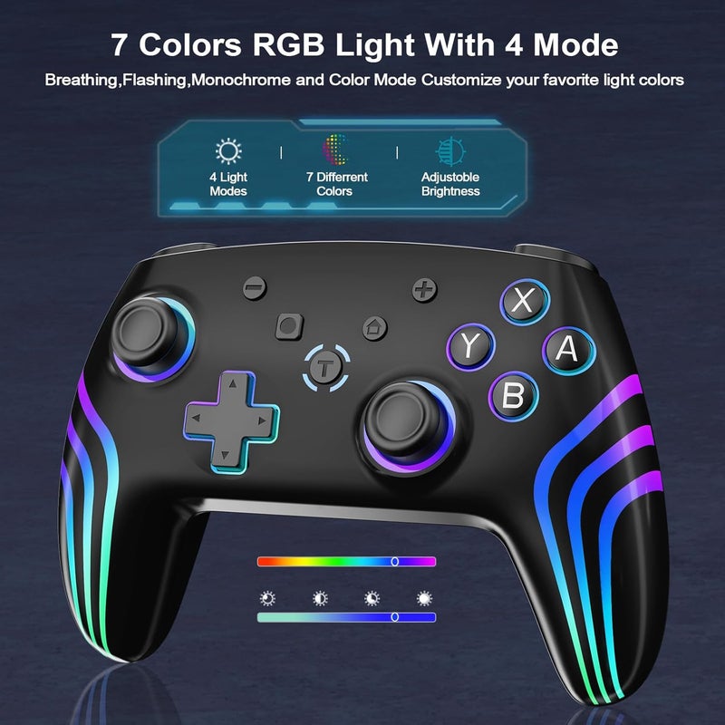 JUNHUAN Wireless Pro Controller for N-Switch/Lite/OLED with Hall Triggers/Wakeup/7 Color RGB/Dual Vibration/6-Axis Gyros/Turbo, Compatible with PC/Android/iOS (Onyx Black-Switch) - Image 2